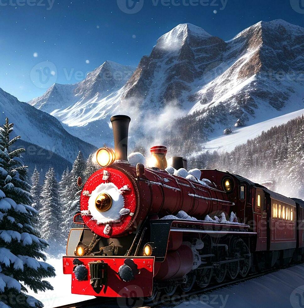 Steam train in winter. Generative AI photo