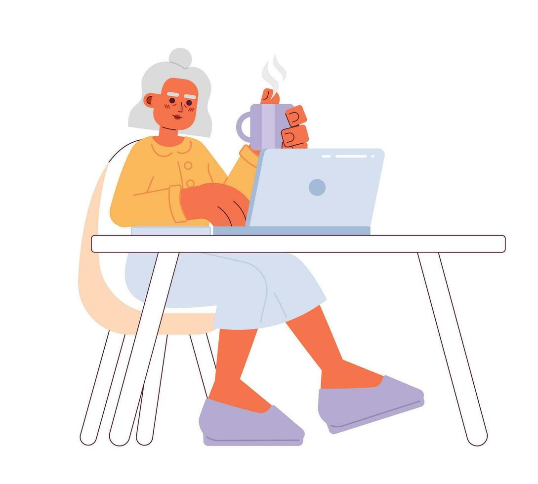 Retired elderly woman typing laptop cartoon flat illustration. Female senior freelancer sitting at desk 2D character isolated on white background. Drinking coffee computer scene vector color image