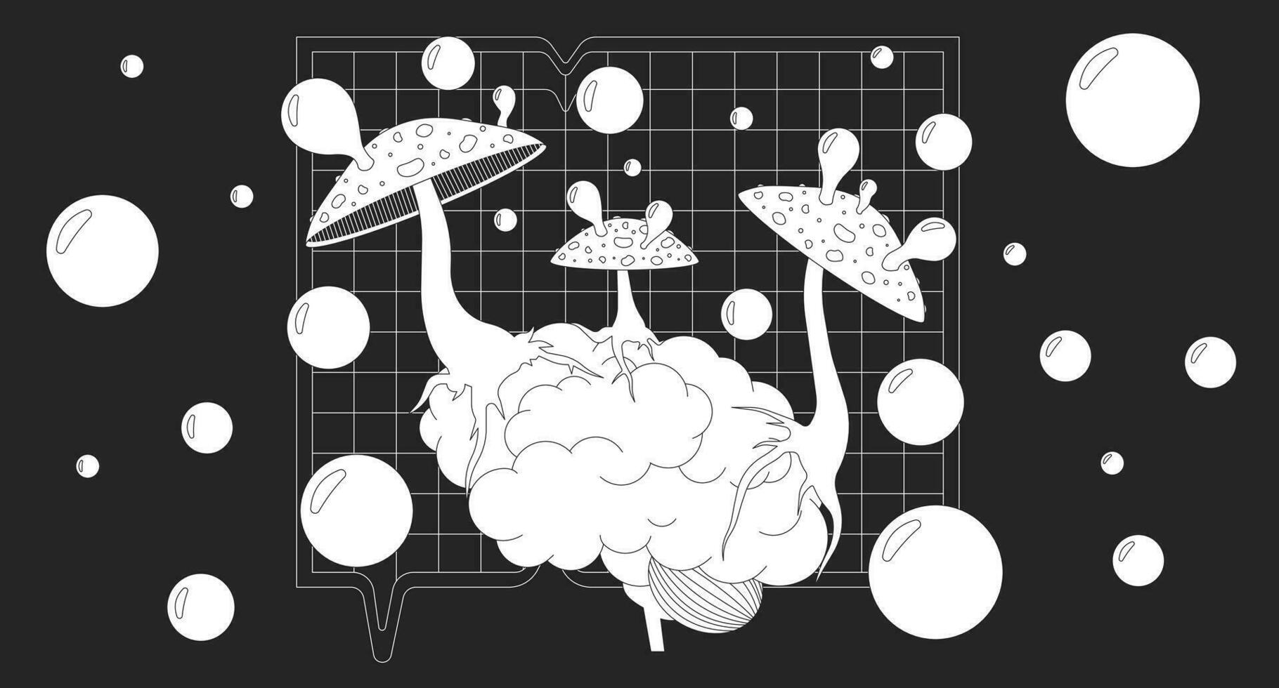 Blowing bubbles trippy mushrooms on brain black and white lofi wallpaper. Fly agaric affecting organ 2D outline scene cartoon flat illustration. Hallucinogenic vector line lo fi aesthetic background