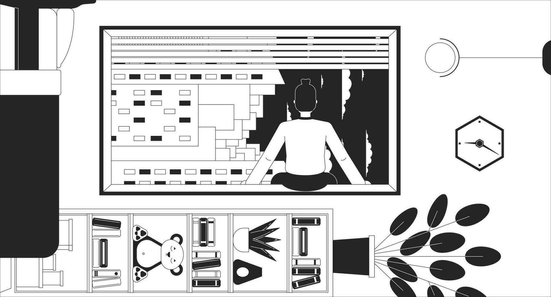 disfrutando paisaje urbano noche en invertido dormitorio negro y blanco lofi fondo de pantalla. pensativo hombre se sienta en umbral 2d contorno personaje dibujos animados plano ilustración. surrealista vector línea lo fi estético antecedentes