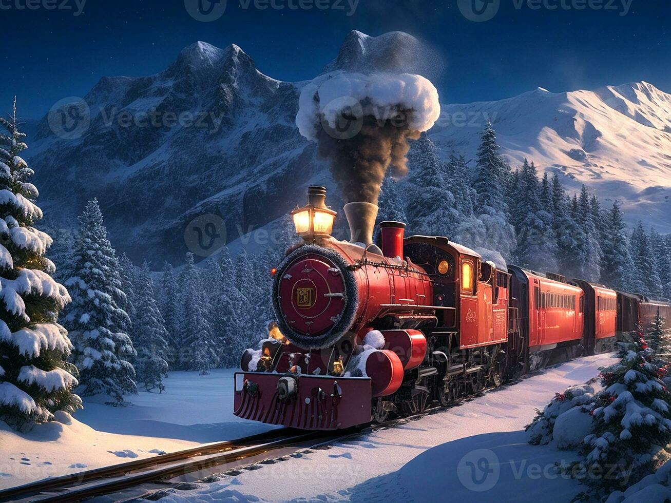 Steam train in winter. Generative AI Steam train in winter. Generative AI photo