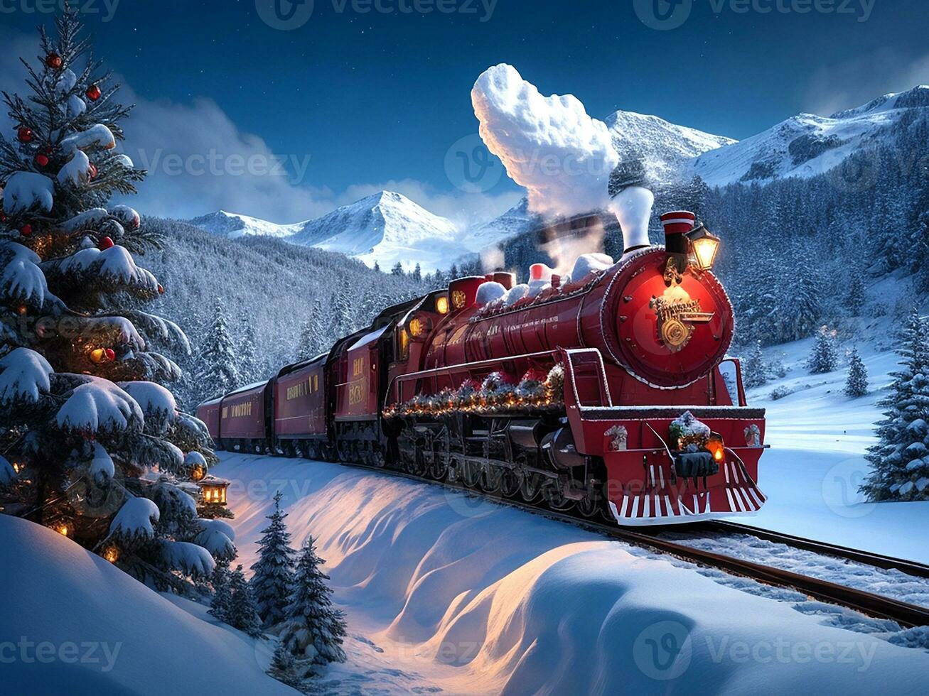 Steam train in winter. Generative AI photo