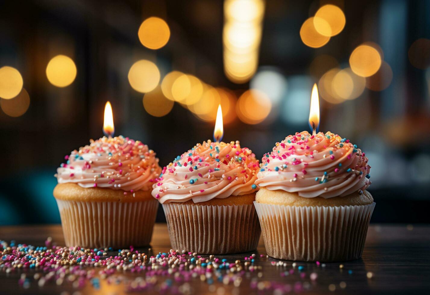 Ai generative birthday cupcakes with blur background colorful balloons realistic image, ultra hd, high design very photo