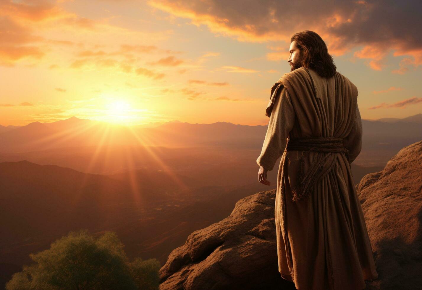 Ai generative Jesus Christ in the Hills at Sunset in Bolta realistic image, ultra hd, high design very detailed 8K photo