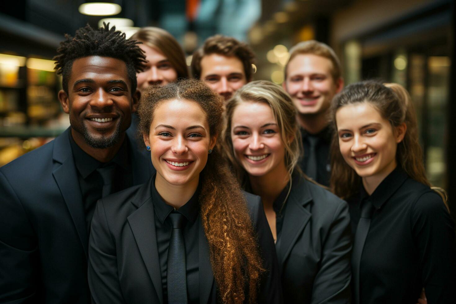 Ai Generative group of happy business man and business women, dressed in suits are smiling, in the office photo