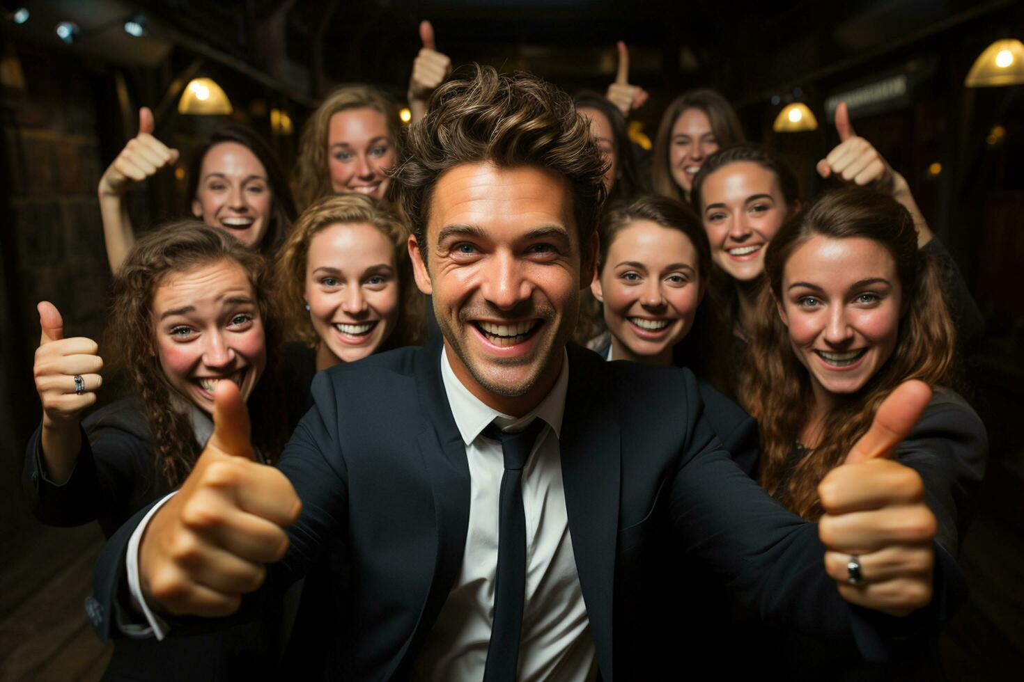 Ai Generative group of happy business man and business women, dressed in suits are smiling, in the office photo