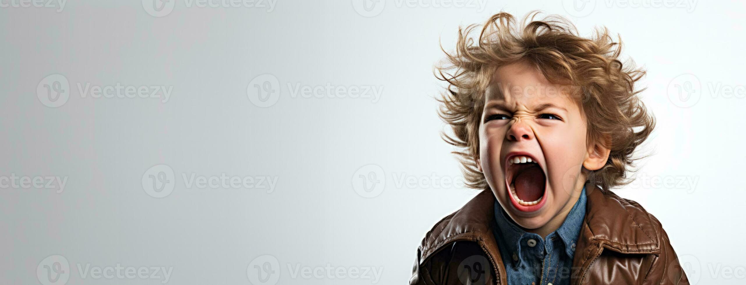 A single child screaming in frustration isolated on a white background photo
