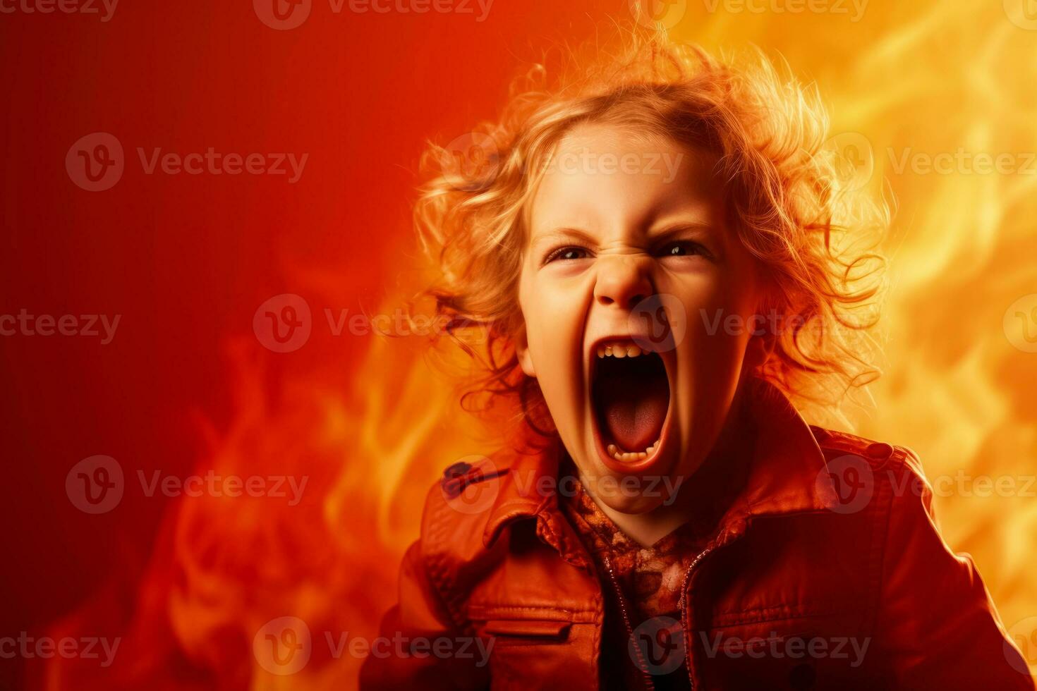 A child screaming in frustration isolated on a fiery red gradient background photo