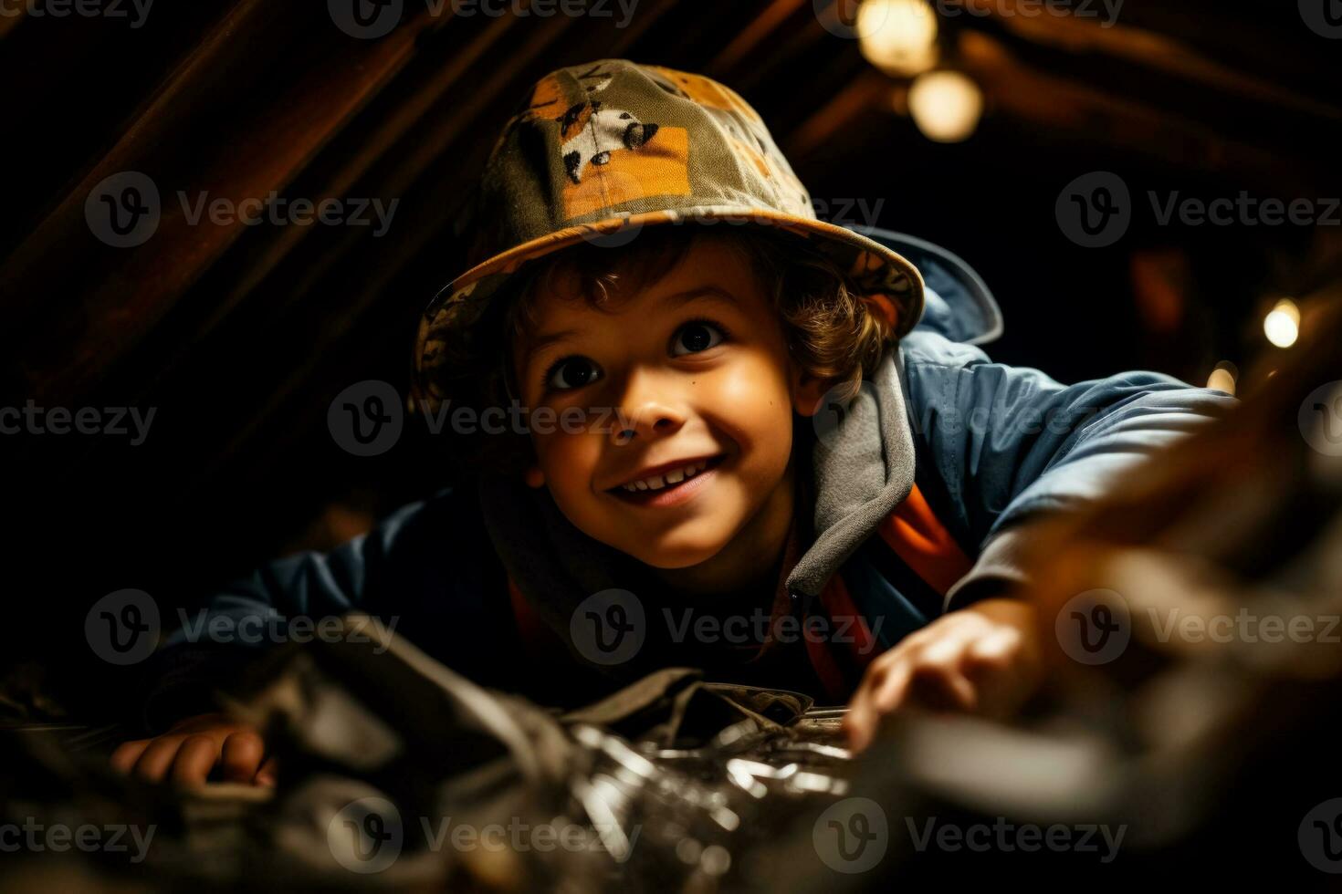 Excited child discovering hidden treasures in an unexpected attic exploration photo