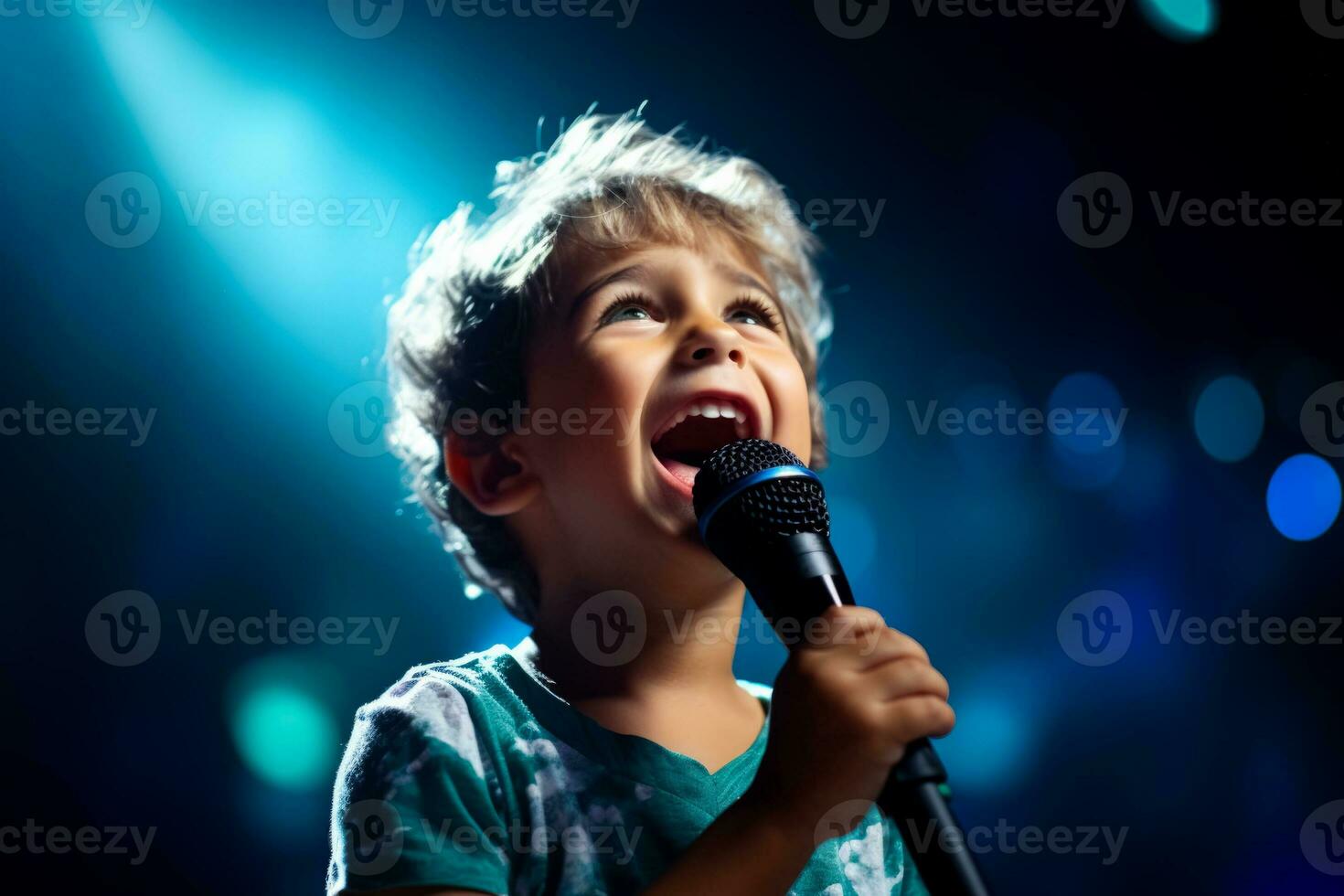 A child nervously gripping a microphone isolated on a spotlight gradient background photo