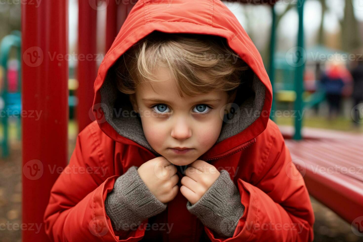 Shy child blushing and avoiding eye contact during a playground interaction photo