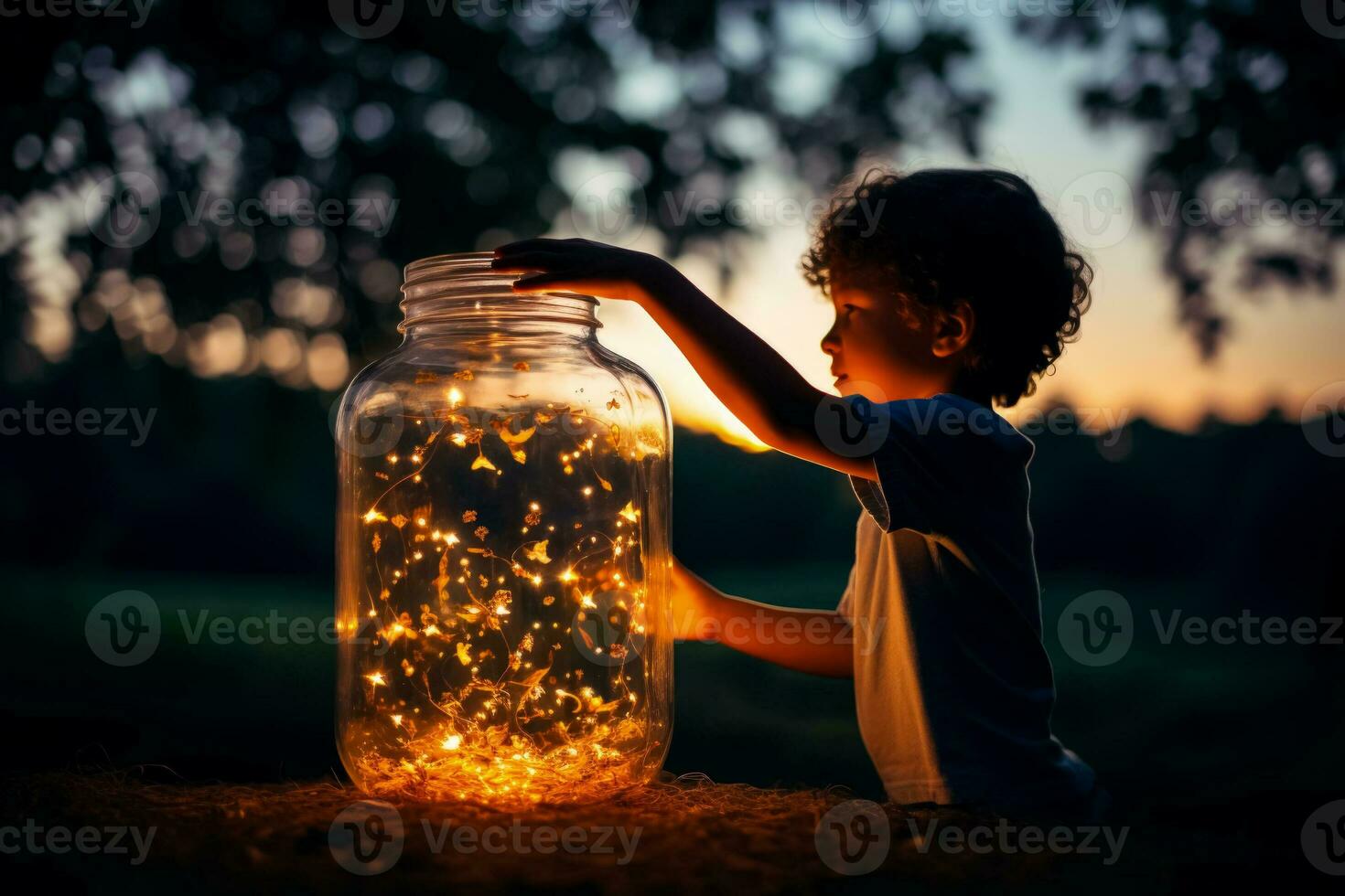 A child capturing a firefly in a jar isolated on a twilight gradient background photo