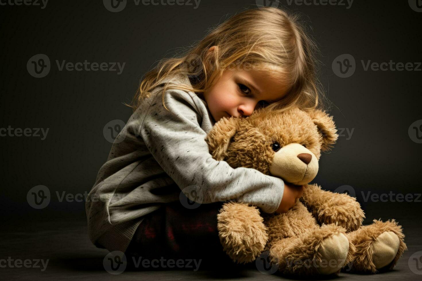 A solitary child hugging a teddy bear for comfort isolated on a white background photo