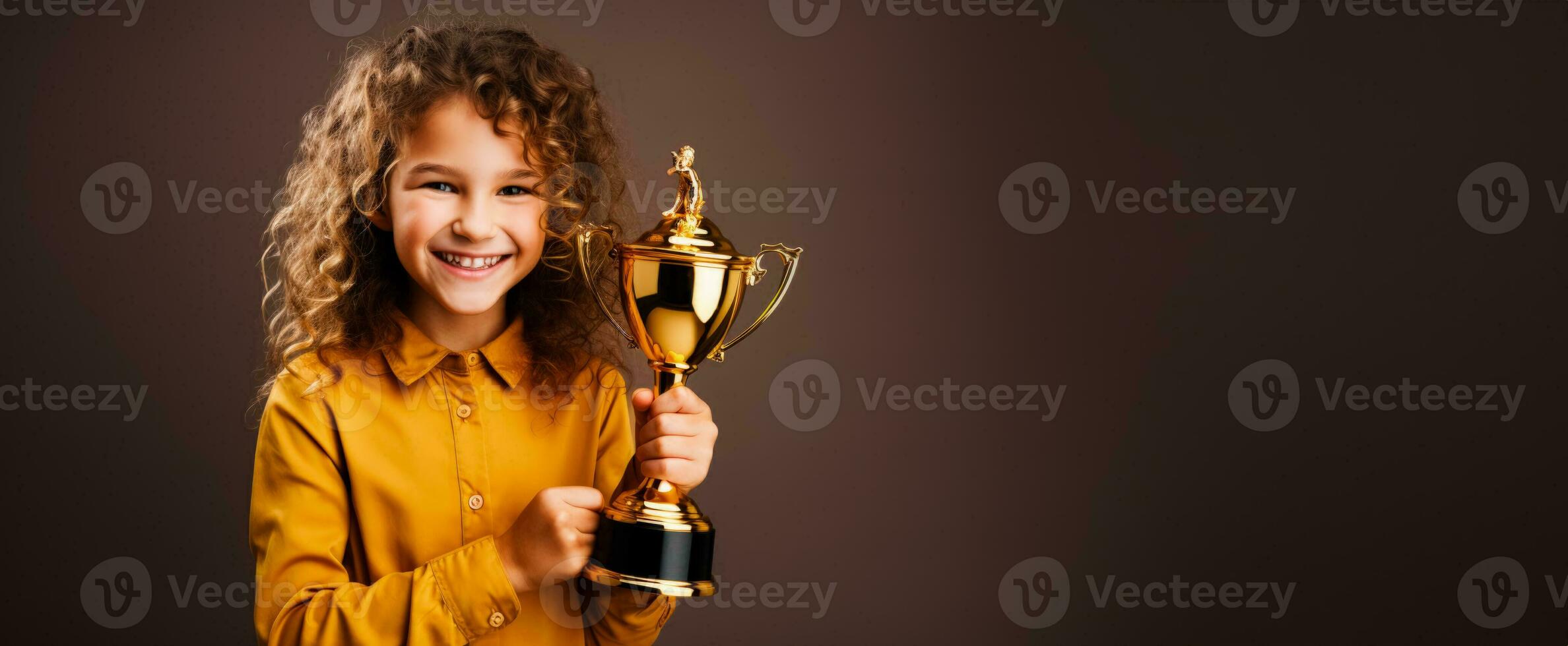 A victorious child holding a first place trophy isolated on a gold gradient background photo