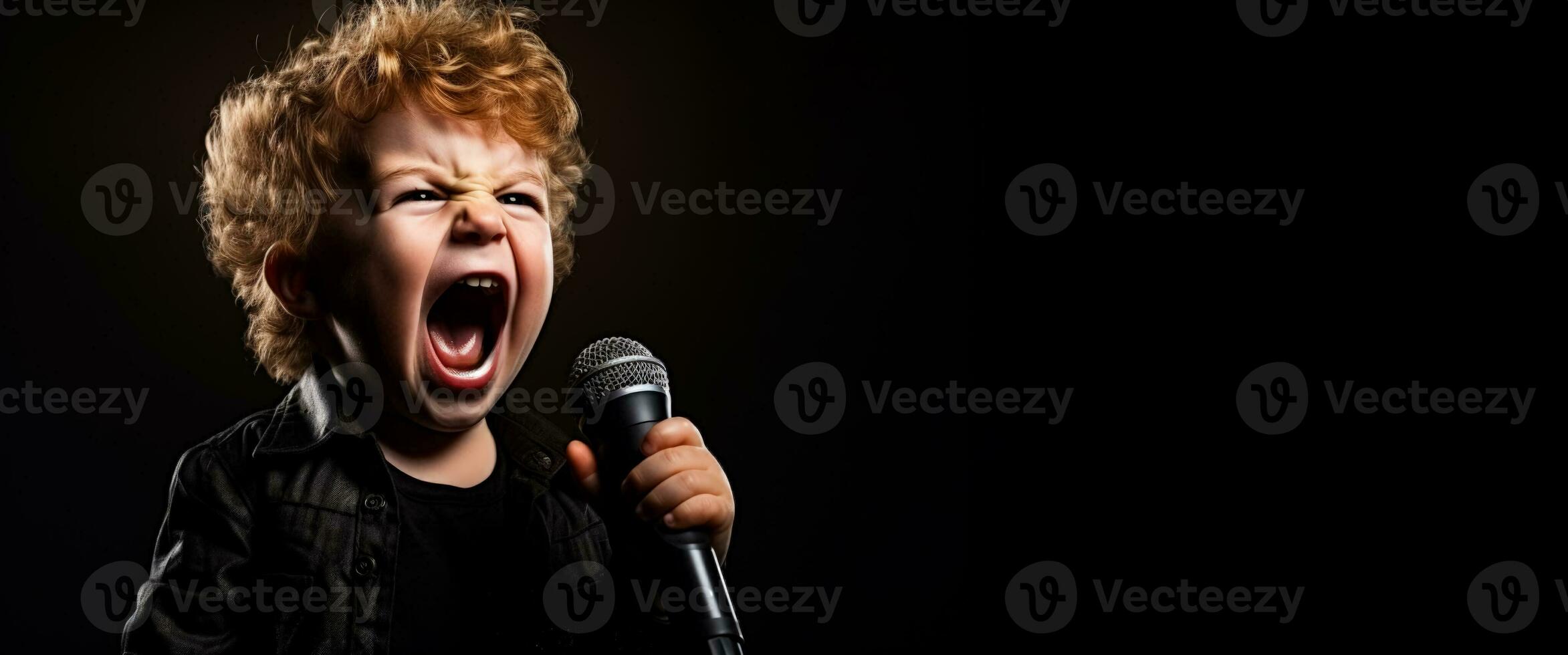 A child nervously gripping a microphone isolated on a spotlight gradient background photo