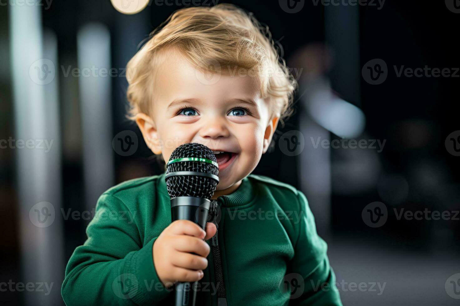 A brave child holding a microphone isolated on a white background photo