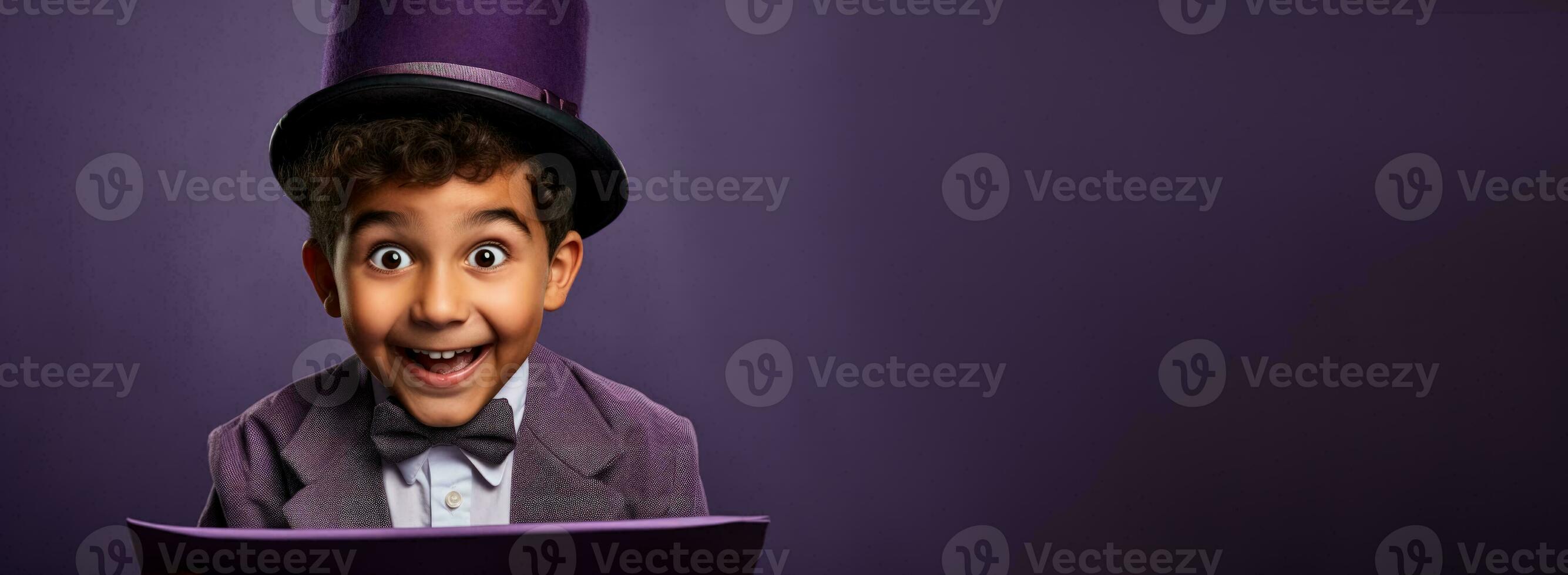 A childs wide eyed surprise at a magic trick isolated on a purple gradient background photo