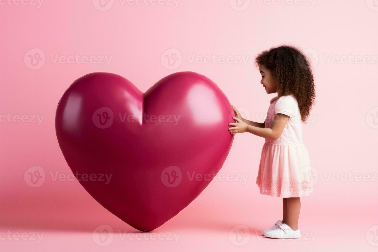 A child accepting a new baby sibling isolated on a heart shaped gradient background photo