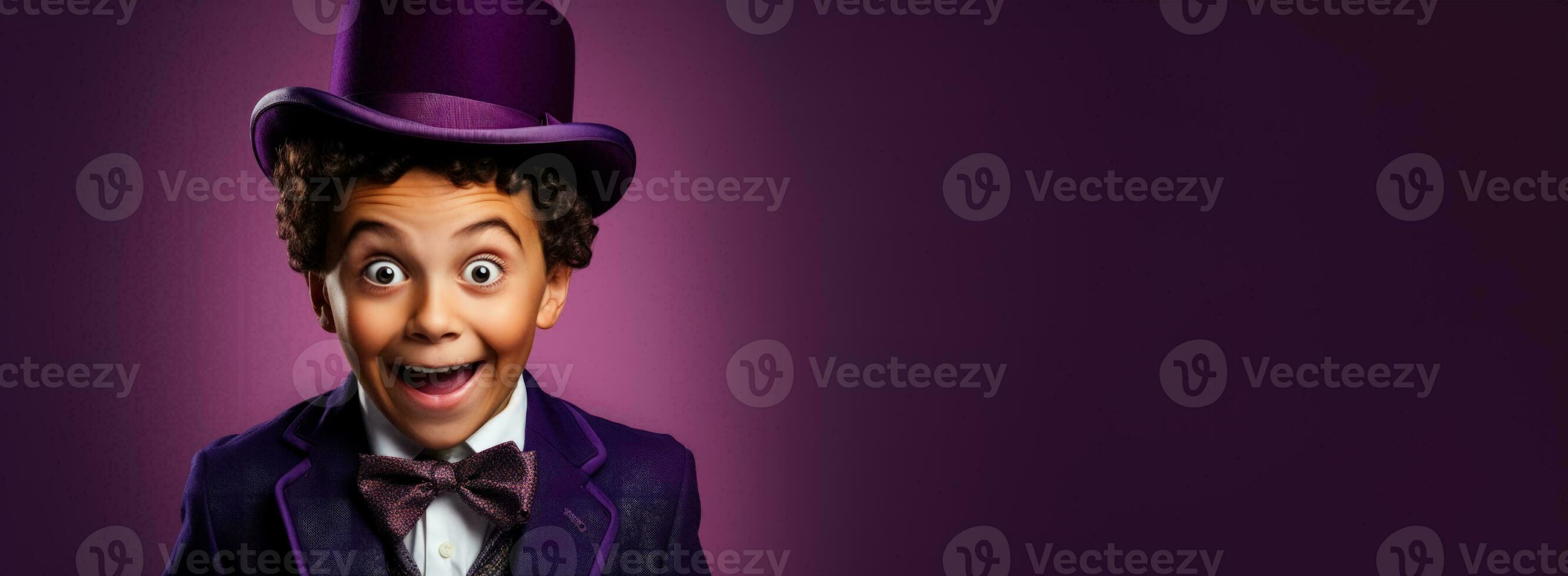 A childs wide eyed surprise at a magic trick isolated on a purple gradient background photo