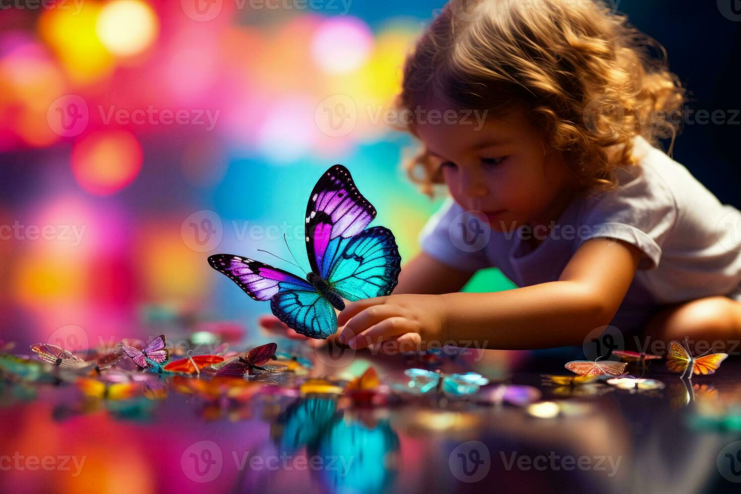 A child inspecting a colorful butterfly isolated on a rainbow gradient background photo