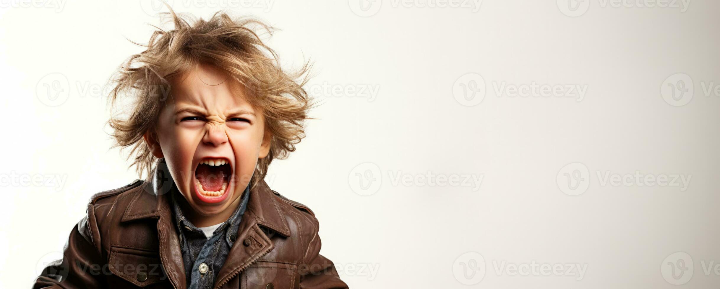 un soltero niño gritando en frustración aislado en un blanco antecedentes foto