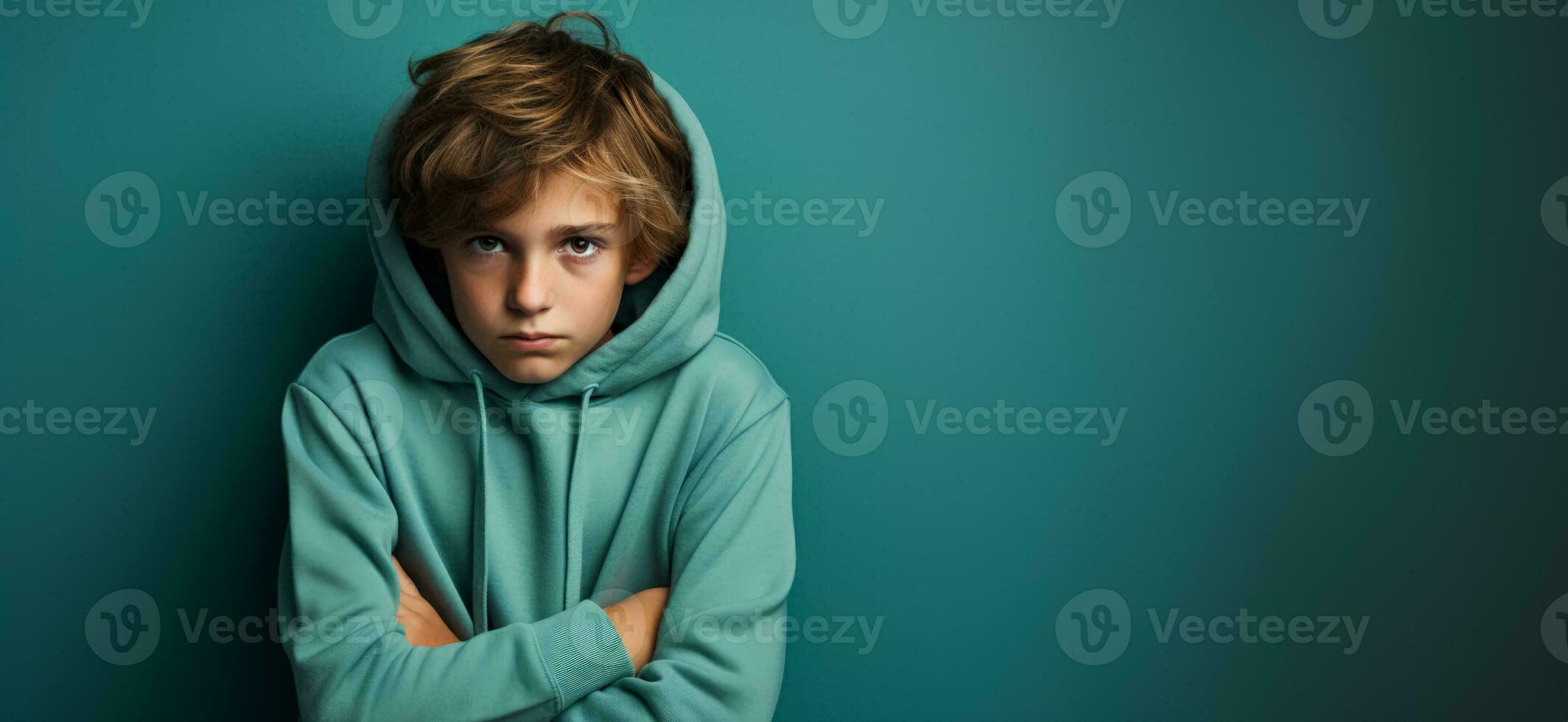 A shy child looking down isolated on a cool toned gradient background photo
