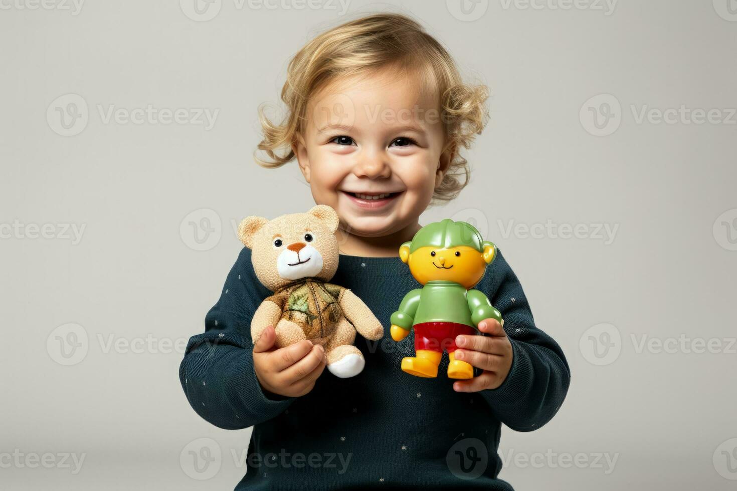 A child holding two different sized toy figures isolated on a white background photo