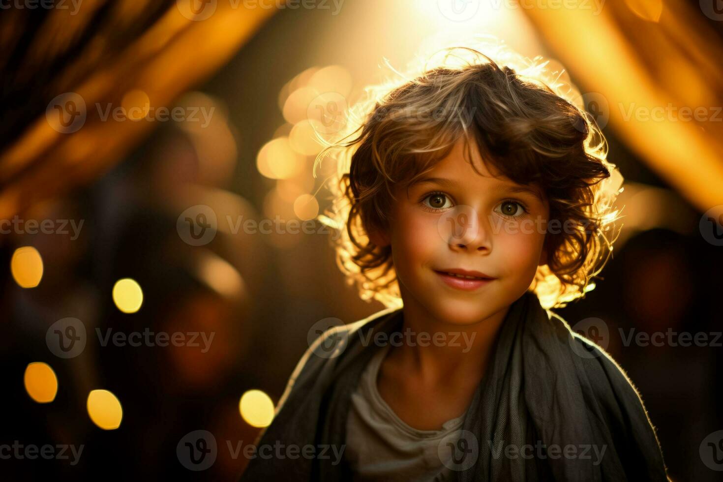 niño nerviosamente que se acerca etapa resolver parpadeando en determinado iluminado por las estrellas ojos foto