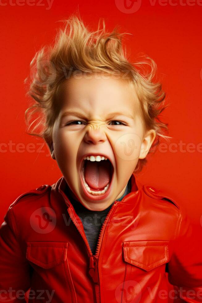 un niño gritando en frustración aislado en un ardiente rojo degradado antecedentes foto