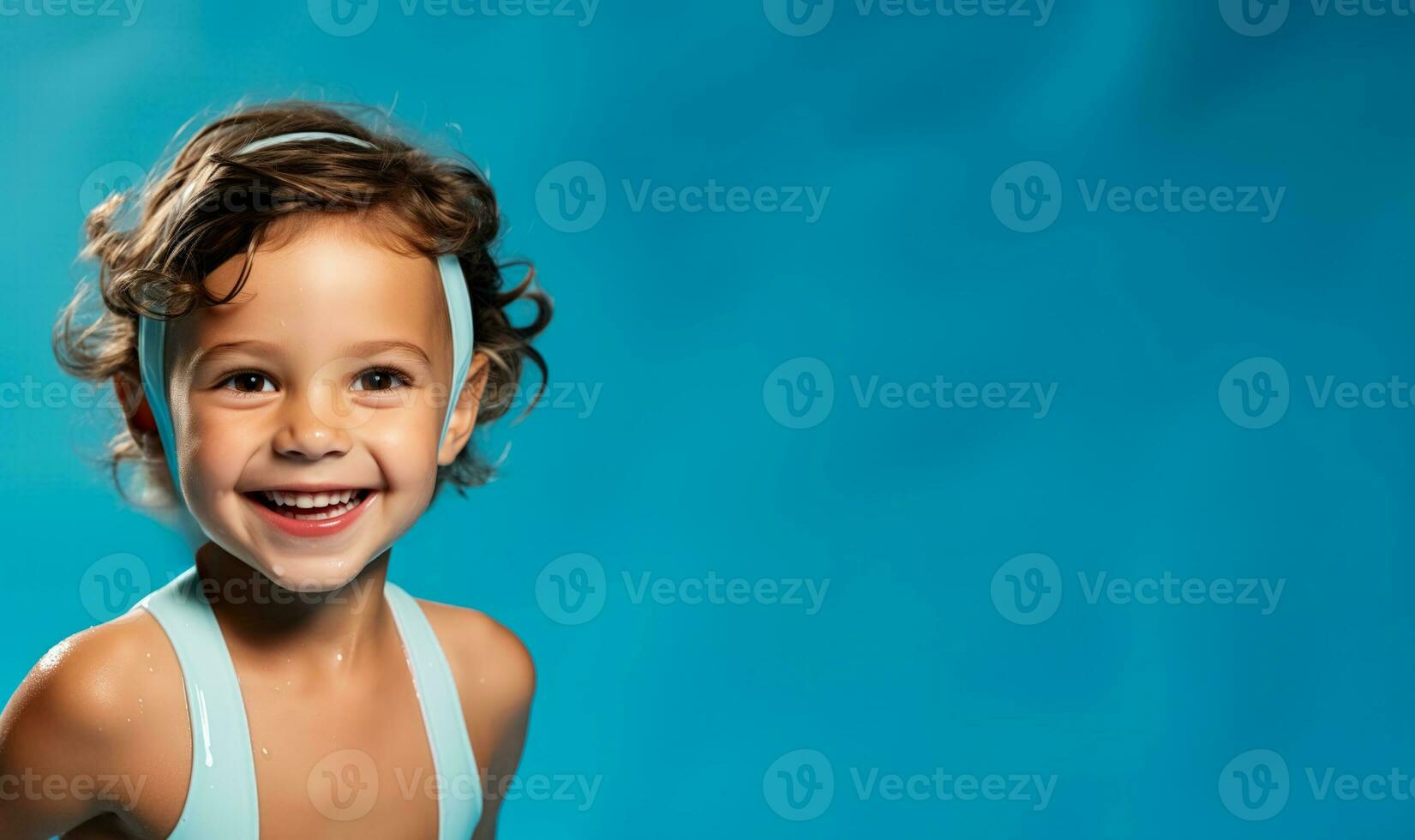 un niño tomando primero nadando lección aislado en un azul degradado antecedentes foto