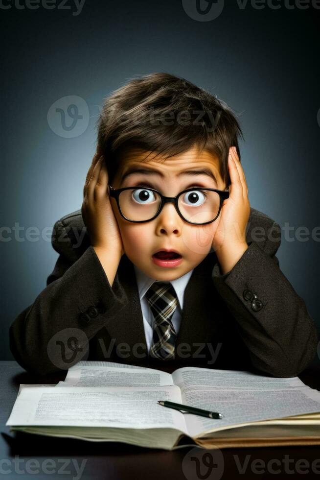 A child puzzled over a math textbook isolated on a grey gradient background photo