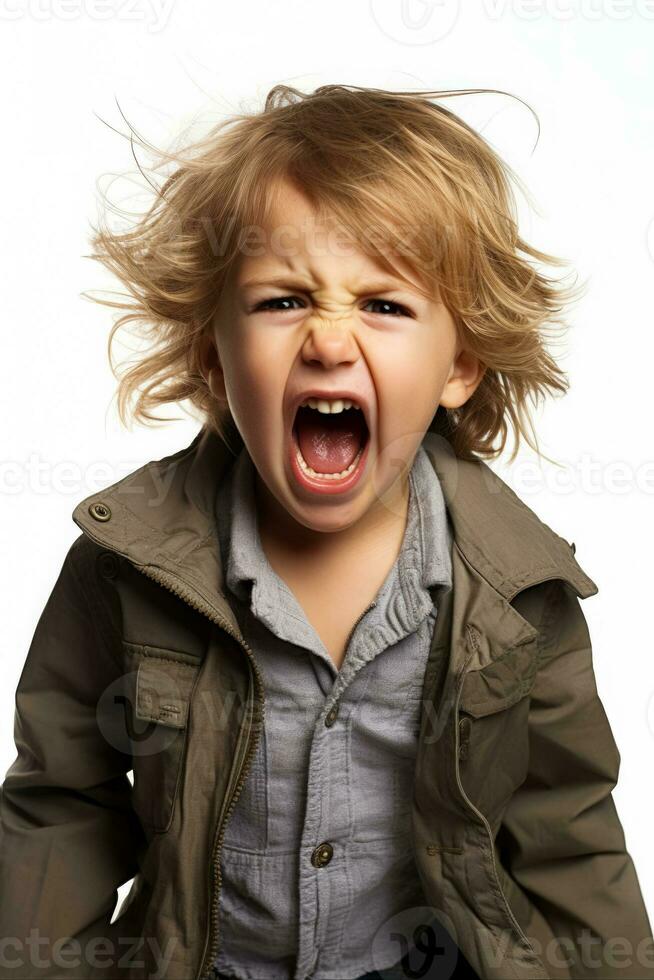 A single child screaming in frustration isolated on a white background photo