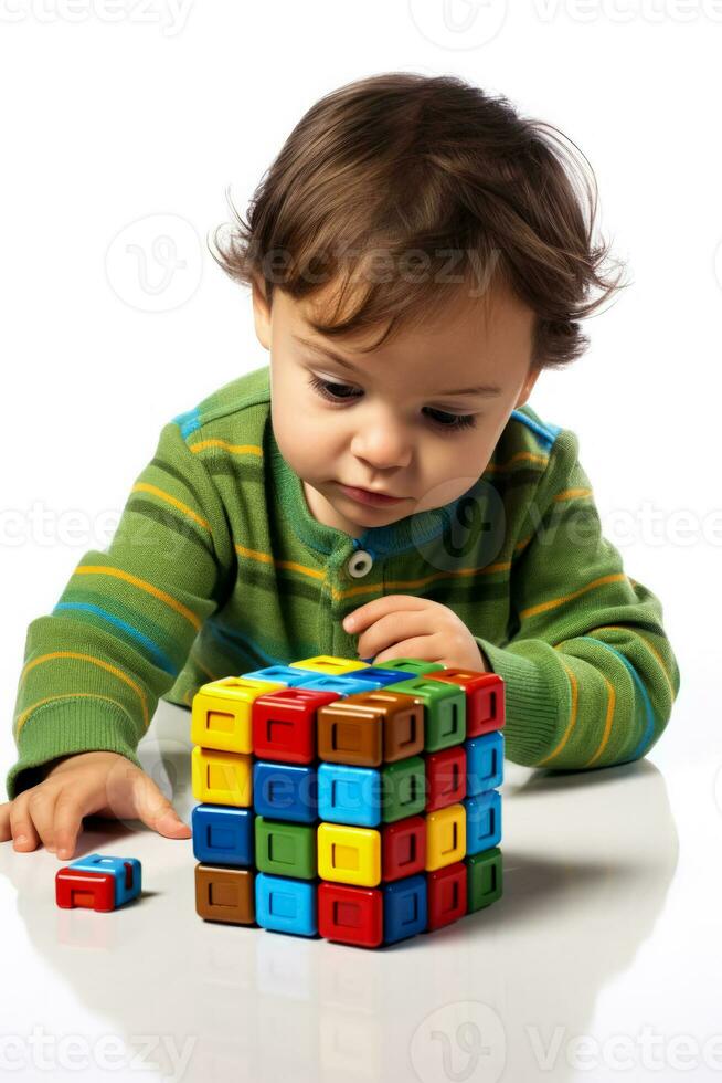 A puzzled child scrutinizing a geometry cube isolated on a white background photo