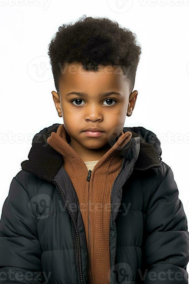 A shy child avoiding eye contact during a handshake isolated on a white background photo