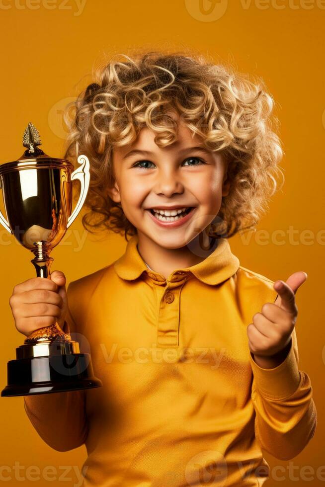 A victorious child holding a first place trophy isolated on a gold gradient background photo