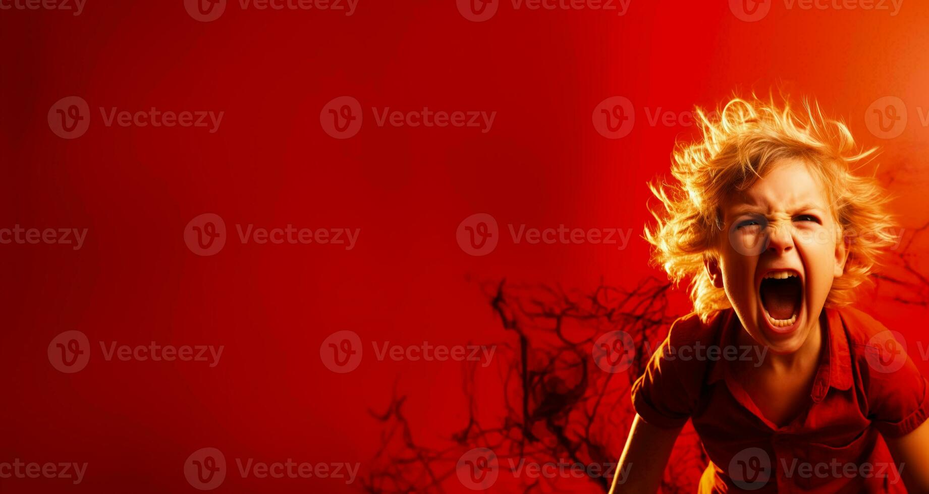 A child screaming in frustration isolated on a fiery red gradient background photo
