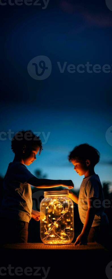 A child capturing a firefly in a jar isolated on a twilight gradient background photo