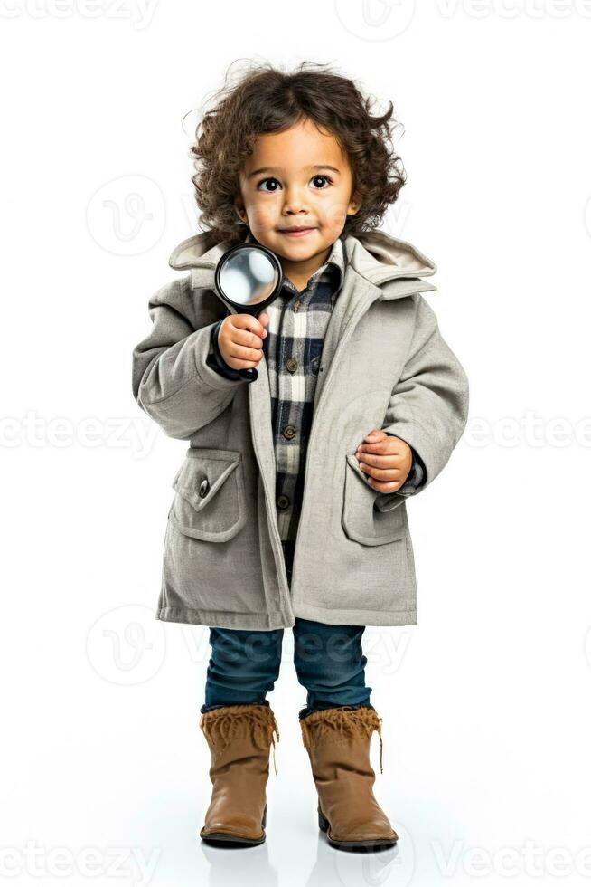 A curious child examining a magnifying glass isolated on a white background photo