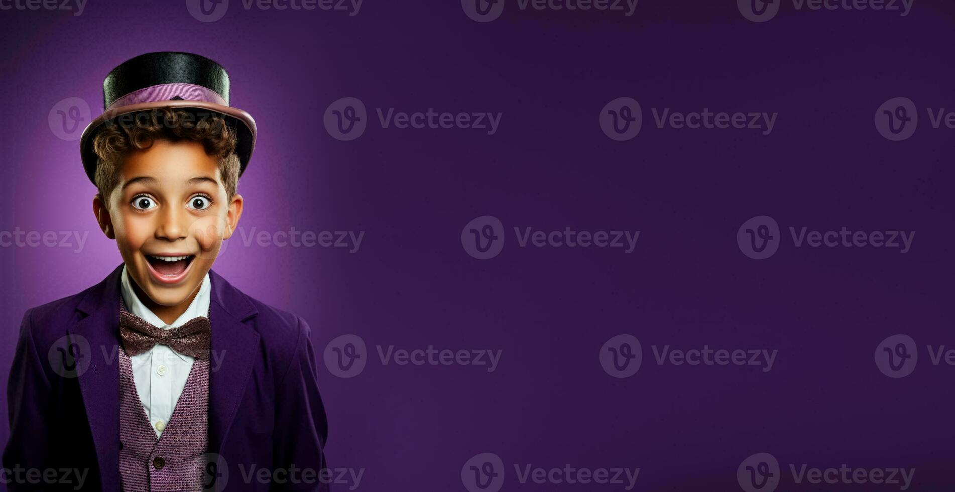 A childs wide eyed surprise at a magic trick isolated on a purple gradient background photo