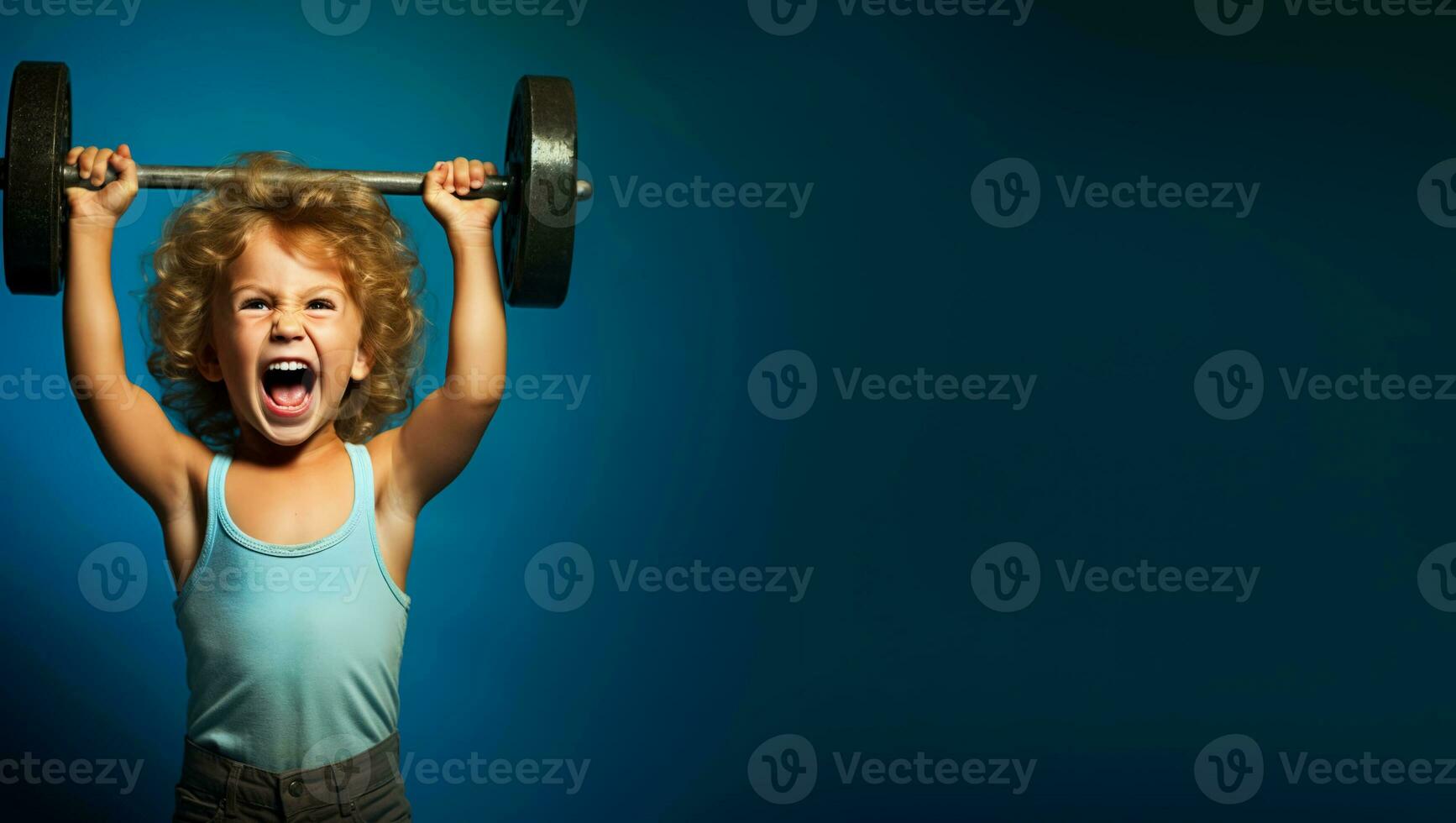 A child gritting teeth while lifting weights isolated on a gym gradient background photo