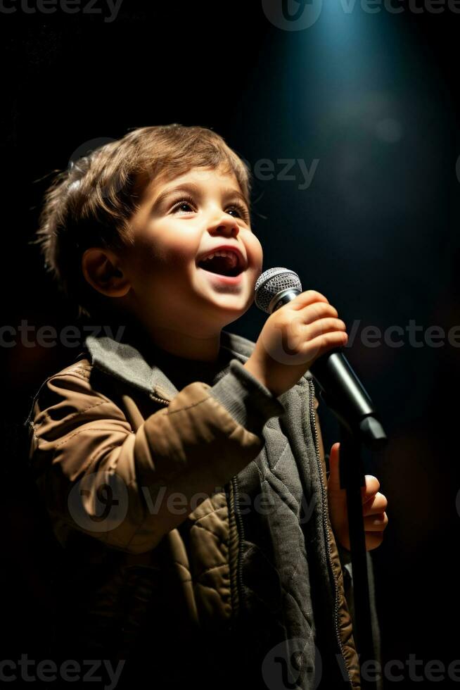 A child nervously gripping a microphone isolated on a spotlight gradient background photo