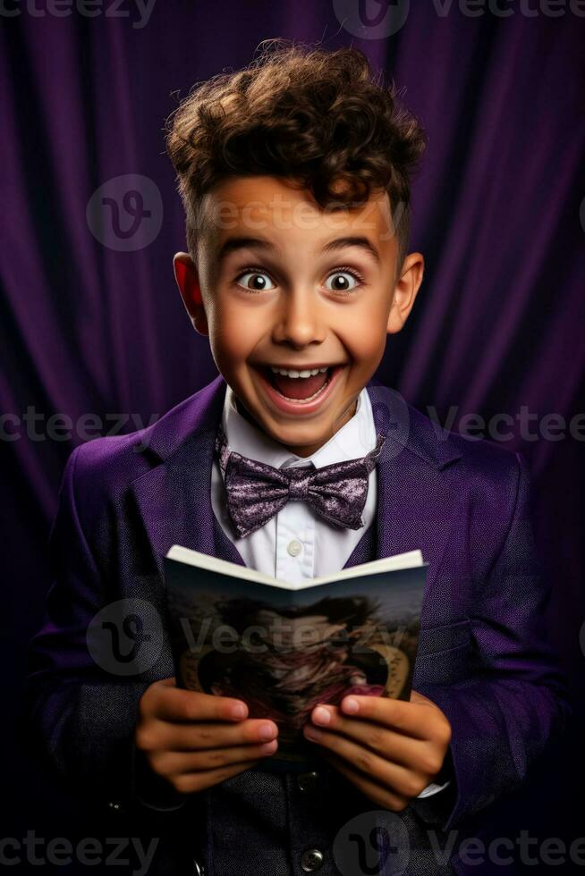 A childs wide eyed surprise at a magic trick isolated on a purple gradient background photo