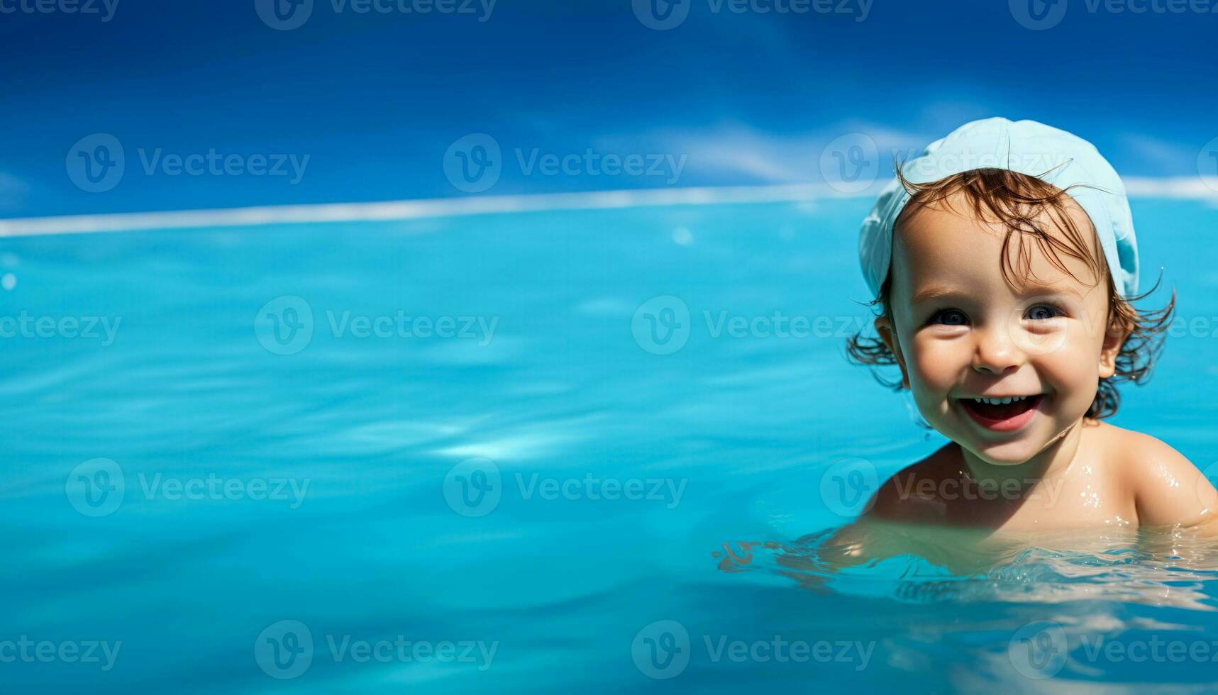 A child taking first swimming lesson isolated on a blue gradient background photo