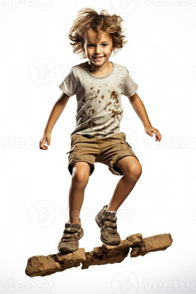 A determined child leaping over obstacles isolated on a white background photo
