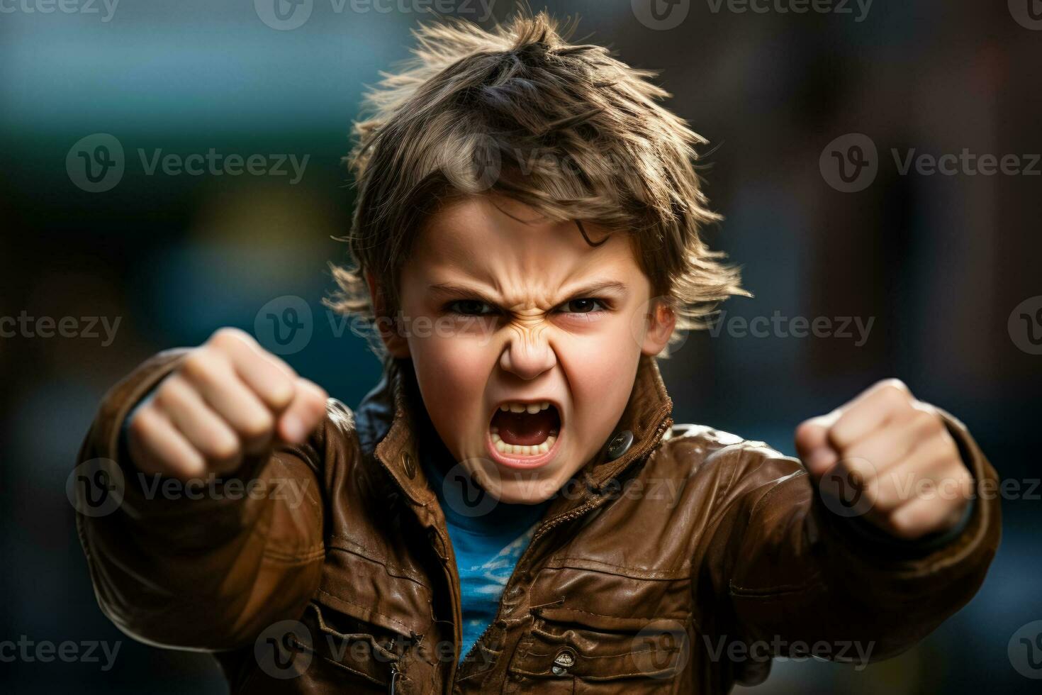 Single child furrowing brows and clenching fists in evident frustration photo