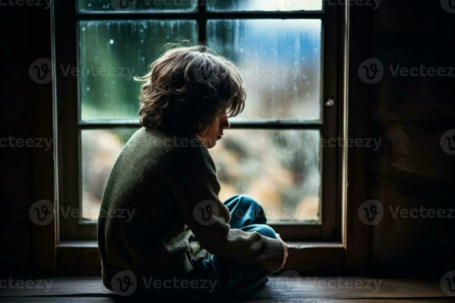 Lonely child sitting by the window lost in deep silent thought photo