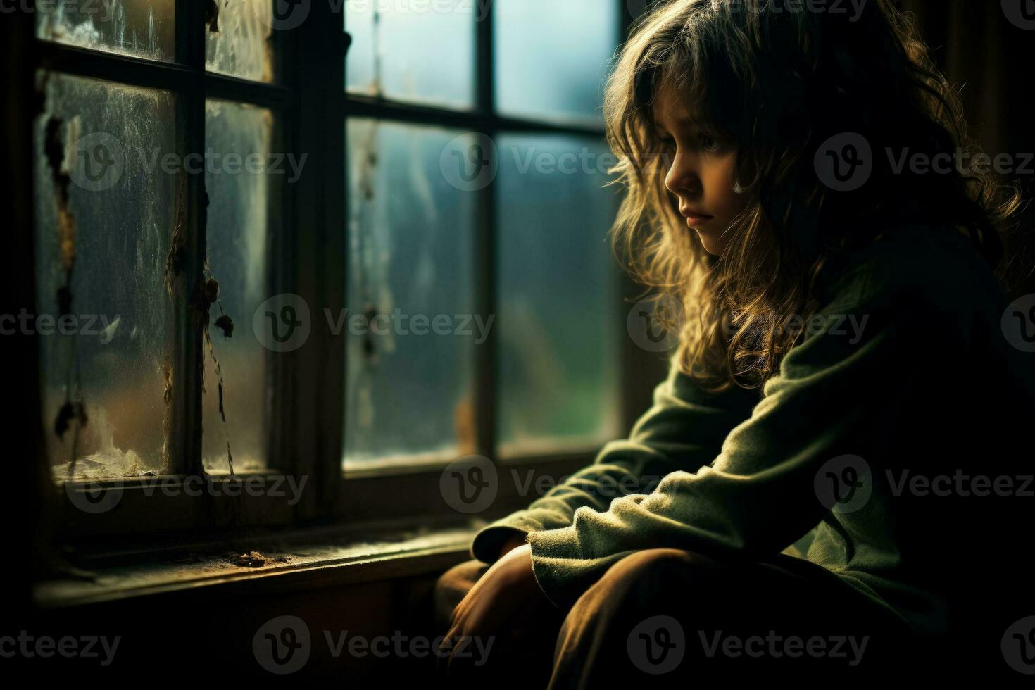 Lonely child sitting by the window lost in deep silent thought photo