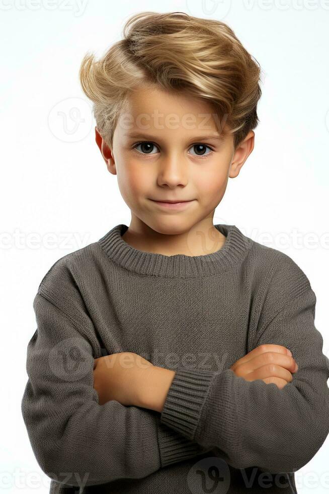 A shy child avoiding eye contact during a handshake isolated on a white background photo