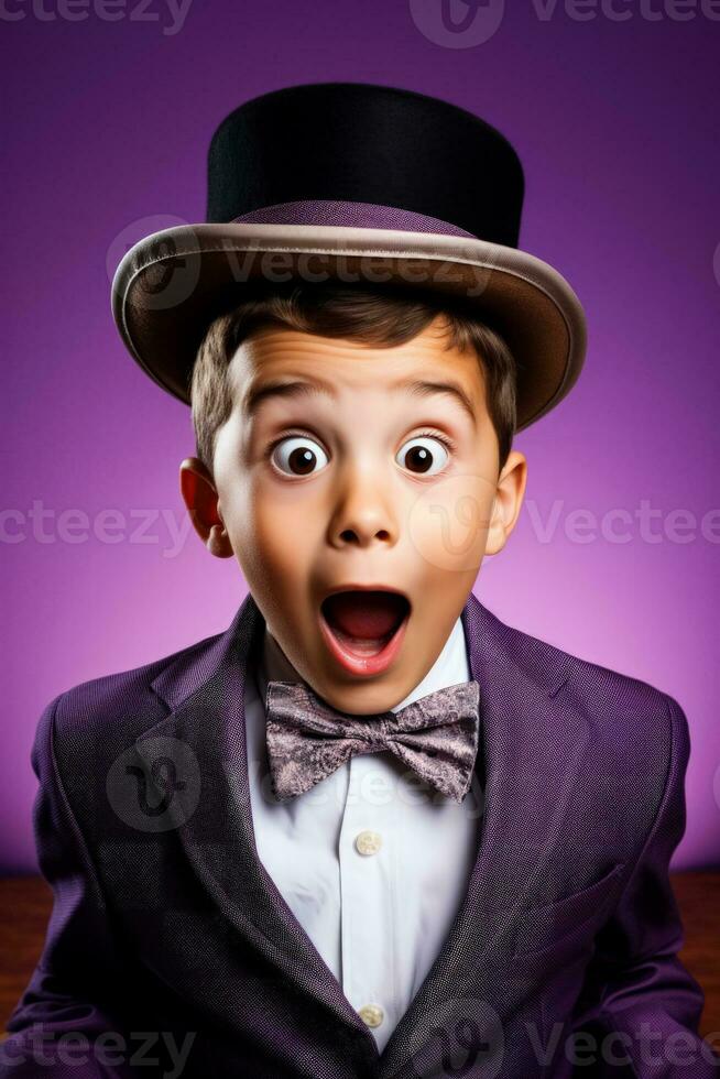 A childs wide eyed surprise at a magic trick isolated on a purple gradient background photo