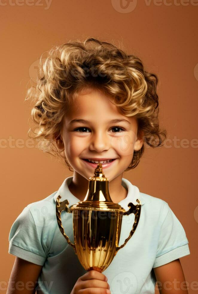 A victorious child holding a first place trophy isolated on a gold gradient background photo